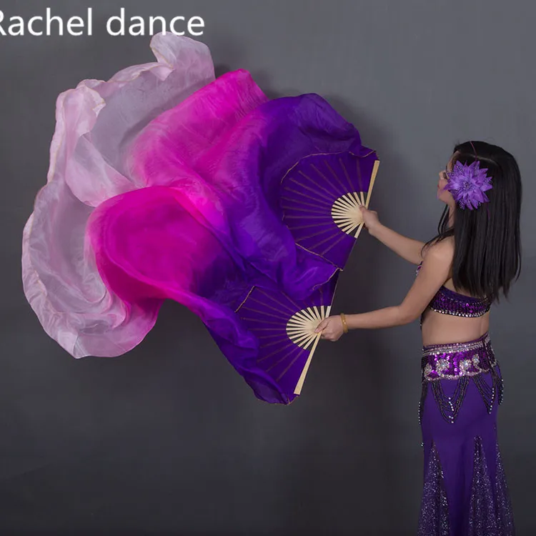 

China Real 100% Silk Oriental Dancing Fan Veils Gradient Fire Many Colors Fan Belly Dancing Stage Performance Property Dance Fan