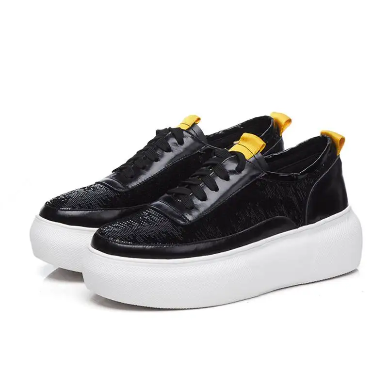 Zapatos Corea Genuino L15 Redonda Up Mujeres Cuero Niñas Alta Lenkisen Vulcanizados Negro Bling Lace plata Punta Inferior wqW1ng7z
