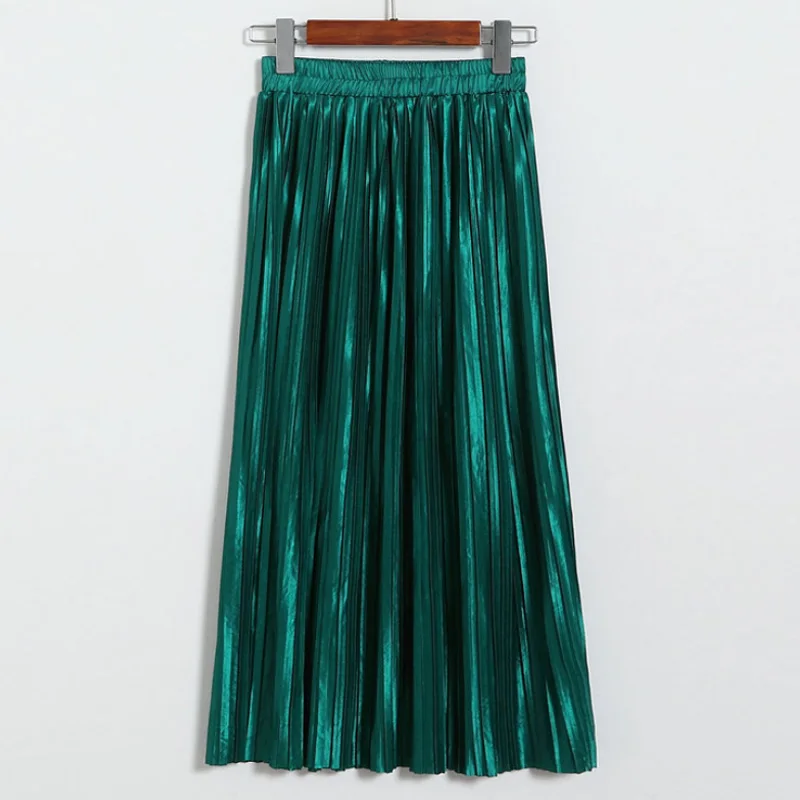 Aonibeier Women Pleated Skirt Long Skirt Elastic High Waist Midi Skirt Autumn Sexy Fashion Female Vintage Metallic Skirts Womens - Цвет: Dark Green