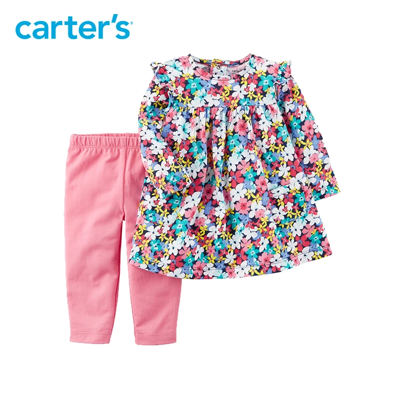 

2pcs Floral Print Flutter Dress & Legging Set Carter's baby girl clothing sets Spring Summer 121I333