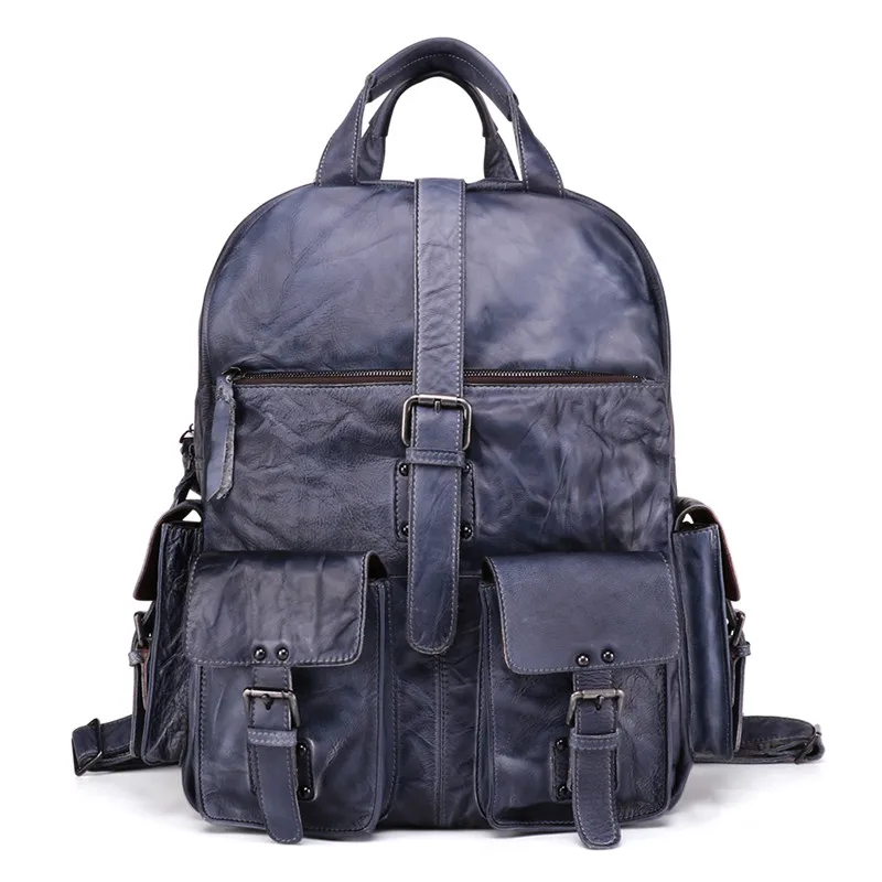 

Nesitu Vintage Large Blue Genuine Leather 14'' 15.6'' Laptop Women Men backpacks Female Male Travel Bags High Quality M6434
