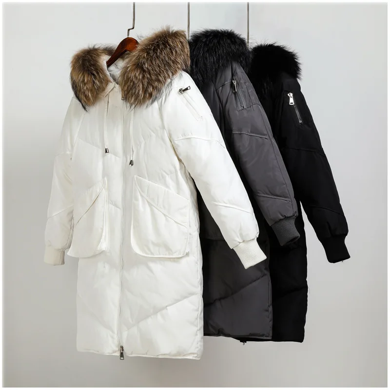 

Fashionable luxury Women's winter down jacket loose thick warm Raccoon Fur large fur collar decorated Women's Winter Coat