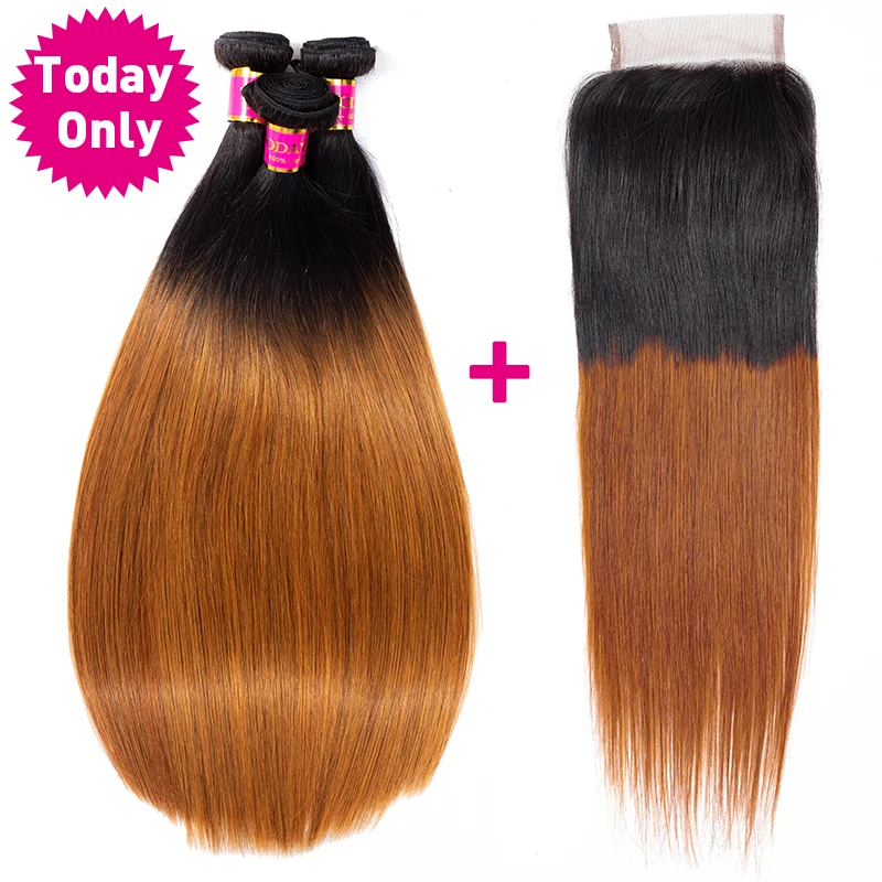 preço HOJE SÓ Brasileiros Feixes de Cabelo Em Linha Reta Com Fechamento Brasileiro Do Cabelo Weave Bundles Remy Cabelo Humano Ombre Pacotes Com Fecho
