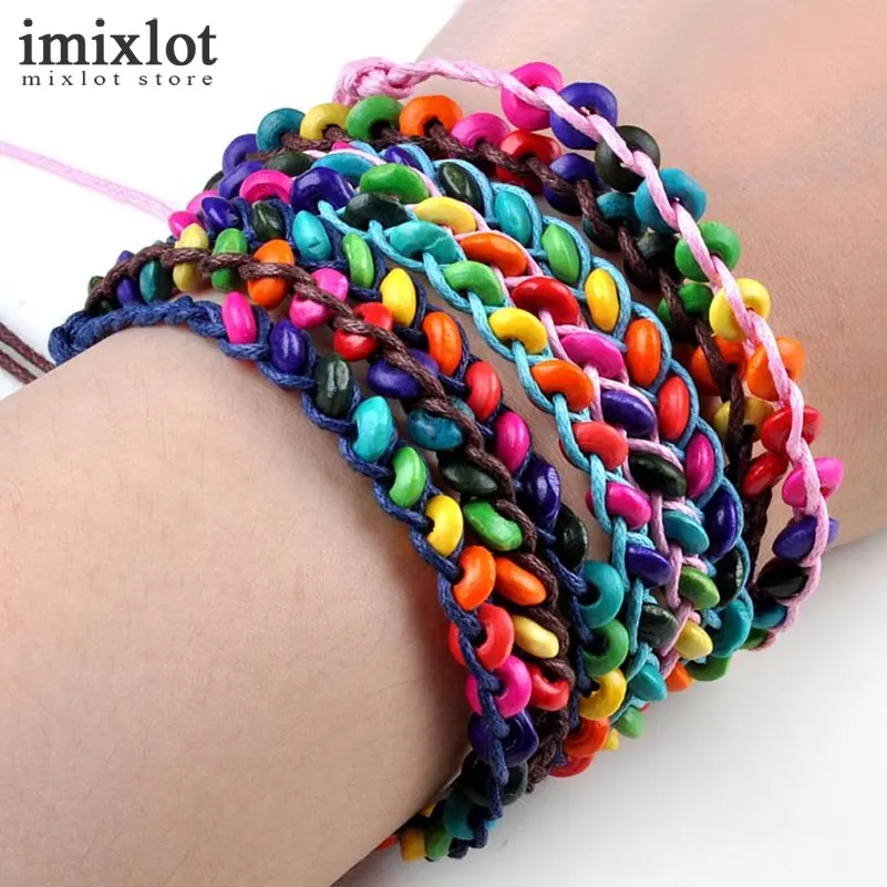 Imixlot 20pcs/Lot Colorful Wood Wristbands Child Bead Braided Bracelet