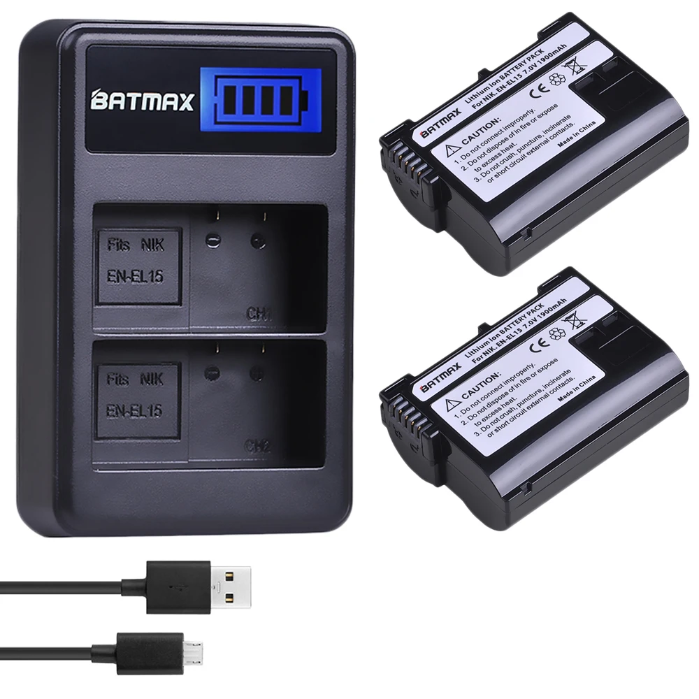 

Batmax 2pcs EN-EL15 EN EL15 ENEL15 Battery+LCD USB Dual Charger for Nikon D600 D610 D600E D800 D800E D810 D7000 D7100,Z6, Z7