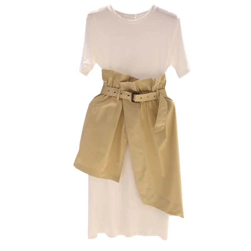 

2019 Korean Women Summer Cotton T Shirt Dress 2 Piece Set Short Sleeve Outfits High Waist Patchwork Midi Dresses With Belt