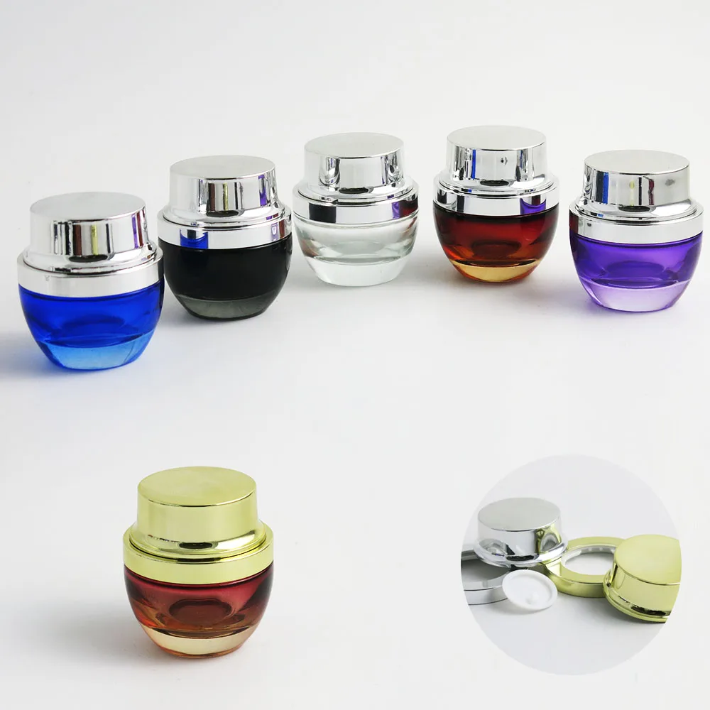 

10 x 50g 50ml 50cc 5/3oz Black Cute Clear Amber Blue Purple Glass Make Up Cream Jar Container With UV Shining Silver Gold Cap