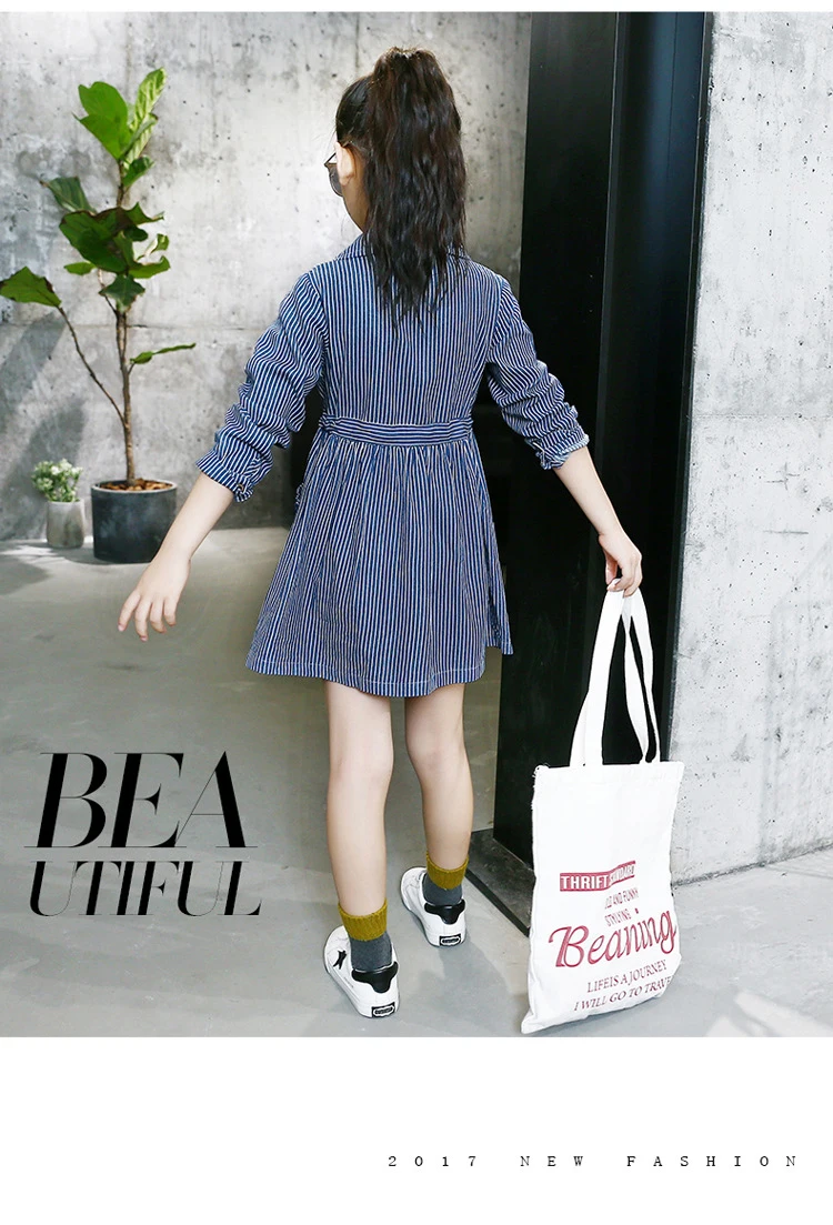 Baby Dress Girls Children's Toddler Girls  College style leisure Washed denim Long sleeve Collect waist stripe shirtdress for 3-14Y kids clothing (6)