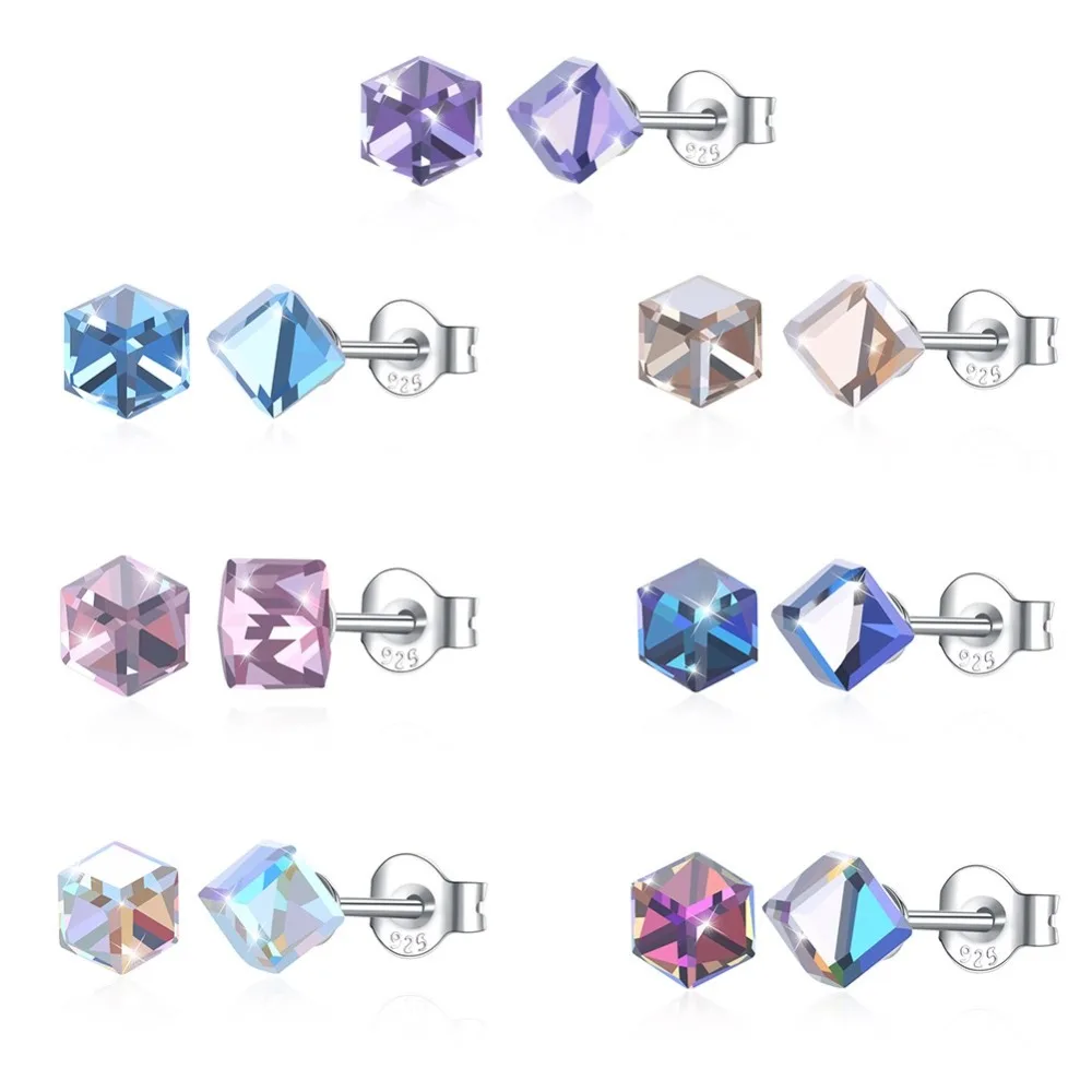 

925 Sterling Silver Stud Earrings for Women Cute Cube Crystal Earrings Party Fine Jewelry S925 Lady Ears Wears Stud Earrings