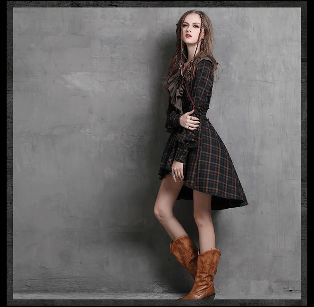 Vintage Autumn Elegant Plaid Women Dress Tunic 90% Cotton Dress Women Long Sleeve Ruffles Vestidos Femininos Vintage Dresses (6)