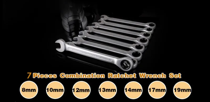 8,10, 12,13, 14,17, 19mm Llave de Trinquete Conjunto de Llaves de Coche Kit de Reparación De Automóviles 7 unids Bicicleta Herramienta de mano Llave de trinquete