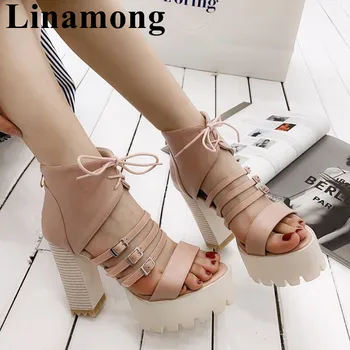 

2019 Summer Newest Platform Square Heel Sexy High Heel And Open Toe Cross-tied Cover Heel Narrow Band Fashion Women Sandals