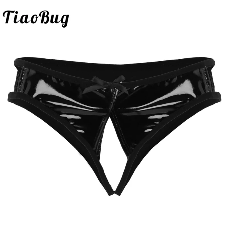 

TiaoBug Women Open Crotch Lingerie Wetlook Faux Leather Crotchless Panties Low Rise Briefs Thongs G String Fetish Sexy Underwear