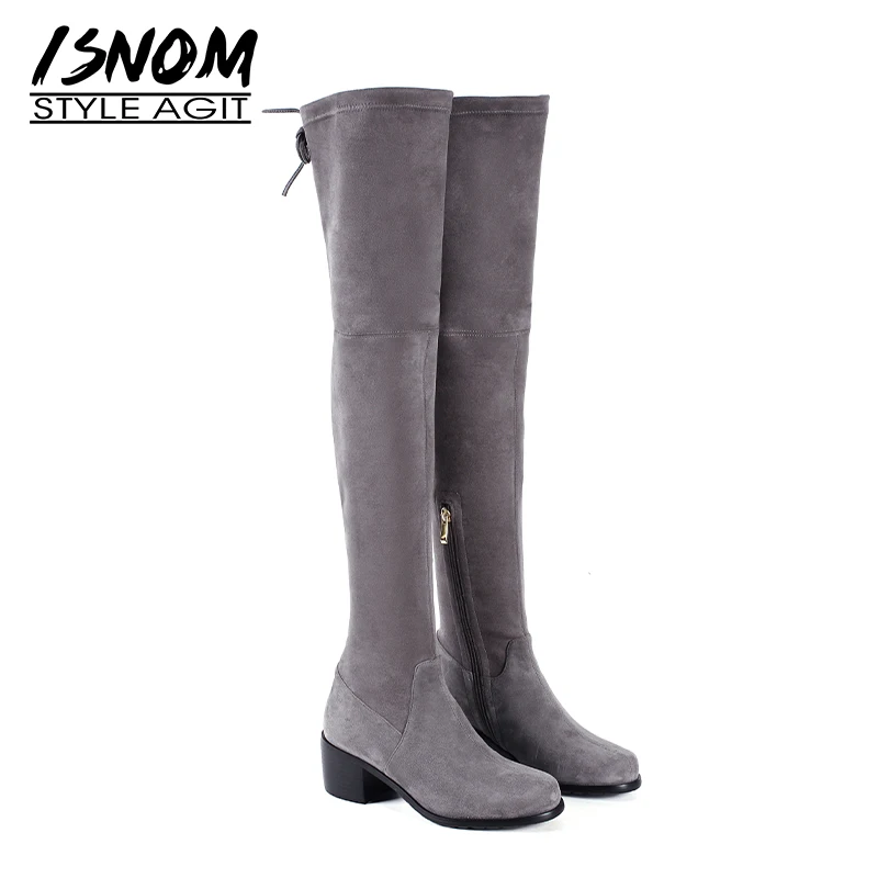 

ISNOM High Heels Women Boots Round Toe Cross Tied Footwear Over The Knee Female Boot Kid Suede Stretch Shoes Woman 2018 Winter