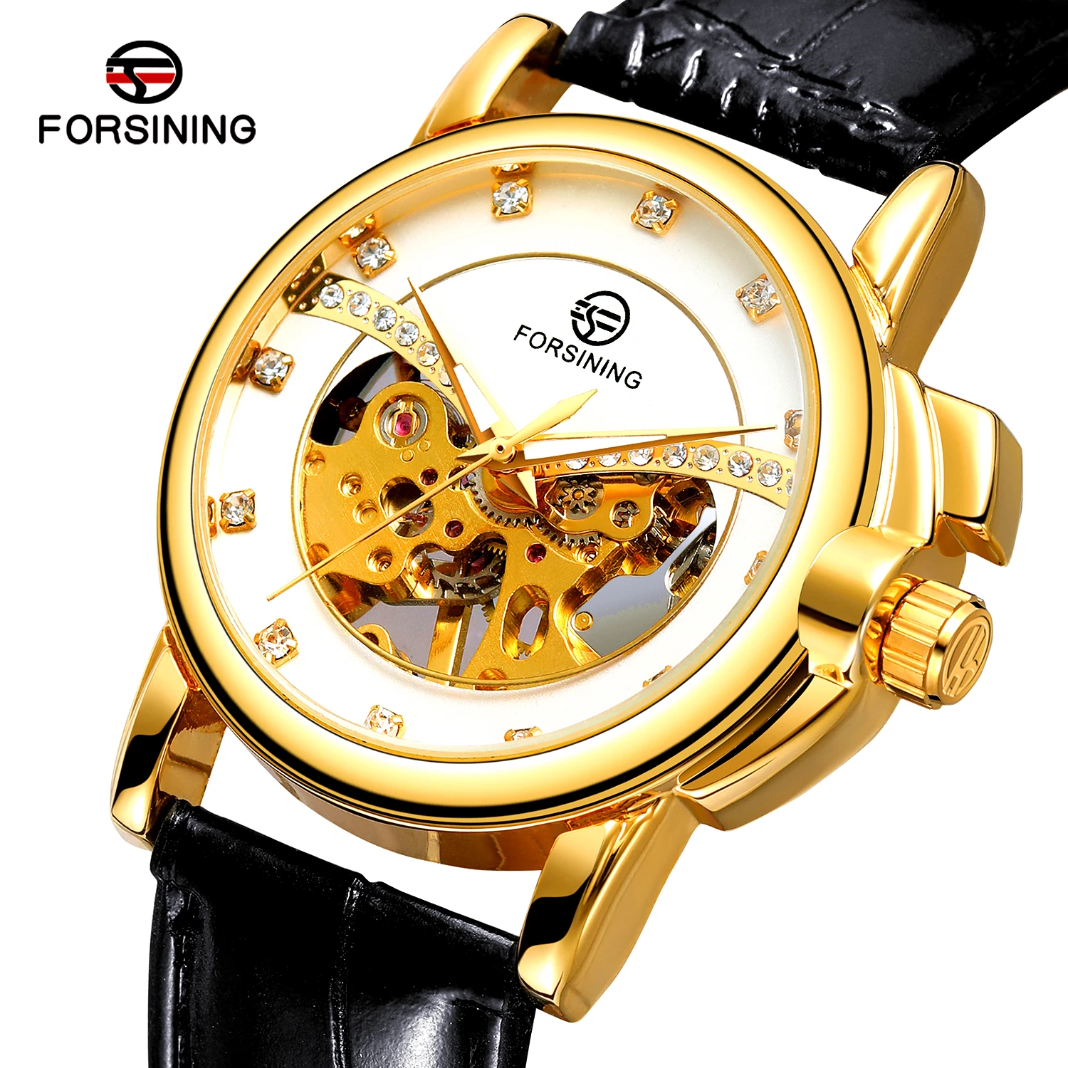

FORSINING Women White Golden Retro Fashion Diamond Display Hand-wind Mechanical Skeleton Watch Elegant Luxury Ladies Clock