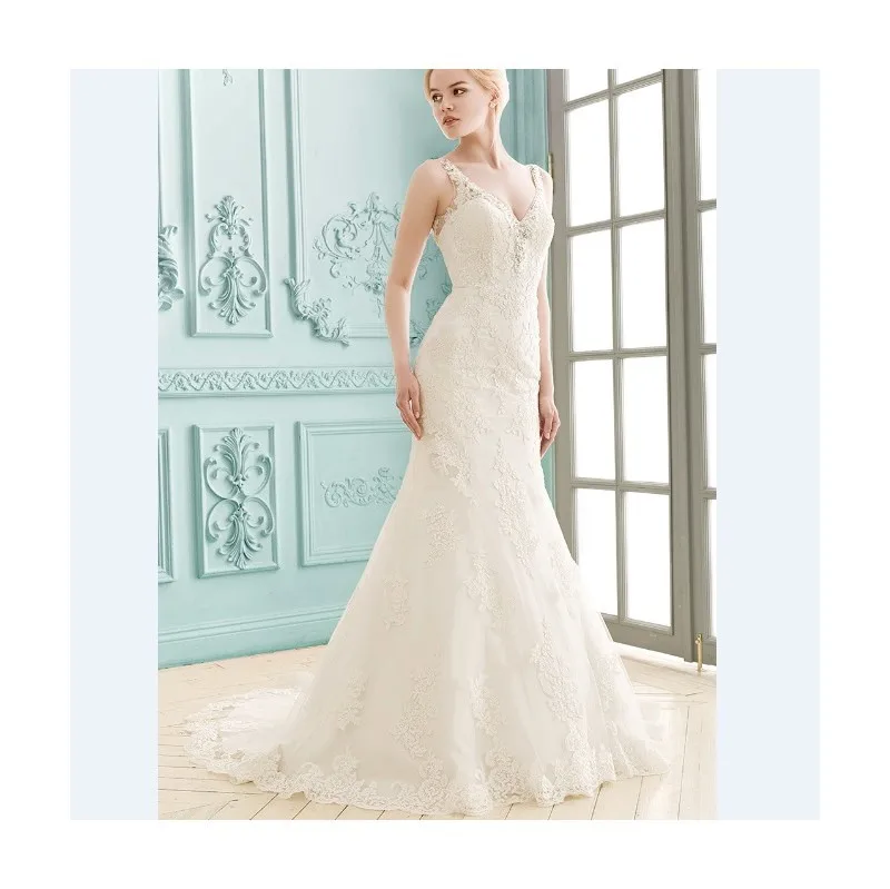 

2015 New Simple Hot Sale Low V-Neck Crystal Embelished Lace Mermaid Wedding Dress Vestido de Noiva