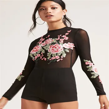 

New Lady Appliques Rompers Women Long Sleeve Bodysuit Ladies Leotard Body Suit Tops Sexy Conjoined Shirt Clothes Body Mujer