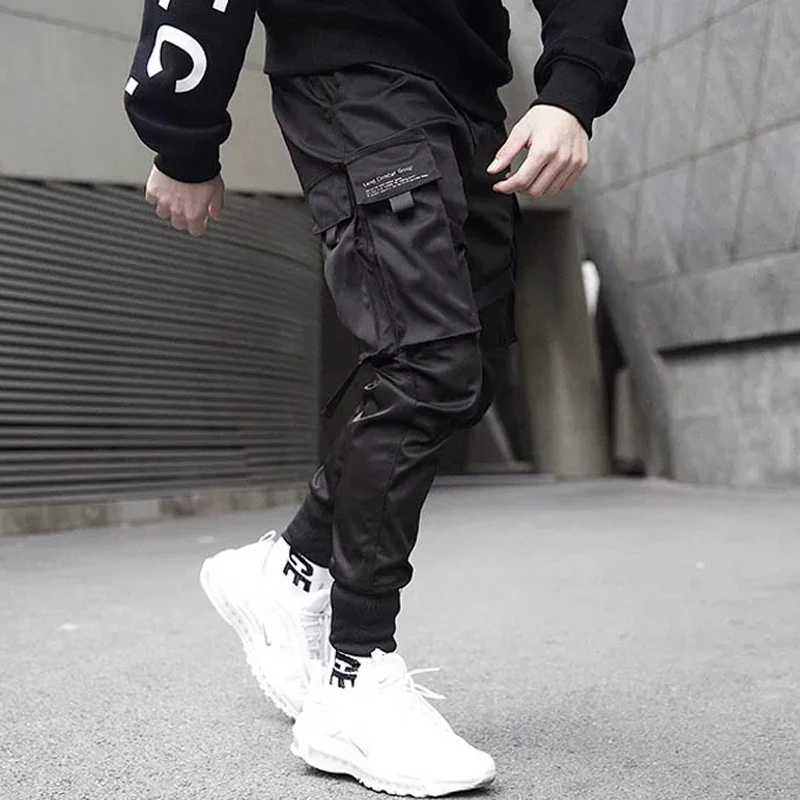 Men Fashion Casual Harem Joggers Harajuku Sweatpant Hip Hop Trousers Men Ribbons Color Block Black Pocket Cargo Pants