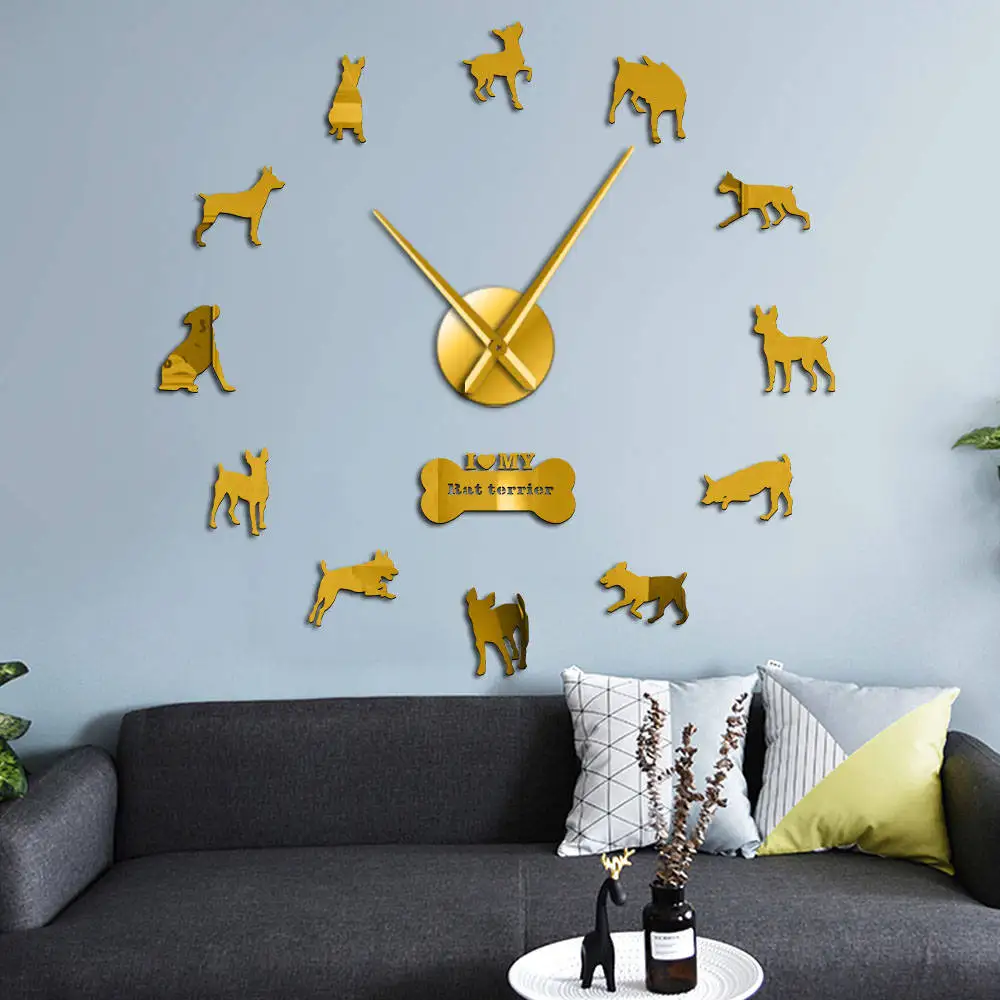 Настенные часы с изображением собаки крыс-терьера, гигантские настенные часы для самостоятельной сборки, домашние животные, собаки, компаньоны, домашний декор, 3D зеркальный эффект, самоклеющиеся настенные часы