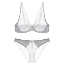 Прозрачный комплект с бюстгальтером, женский сексуальный сатиновый кружевной ультра тонкий бюстгальтер с эффектом пуш-ап, минимизированное белье размера плюс, французское нижнее белье