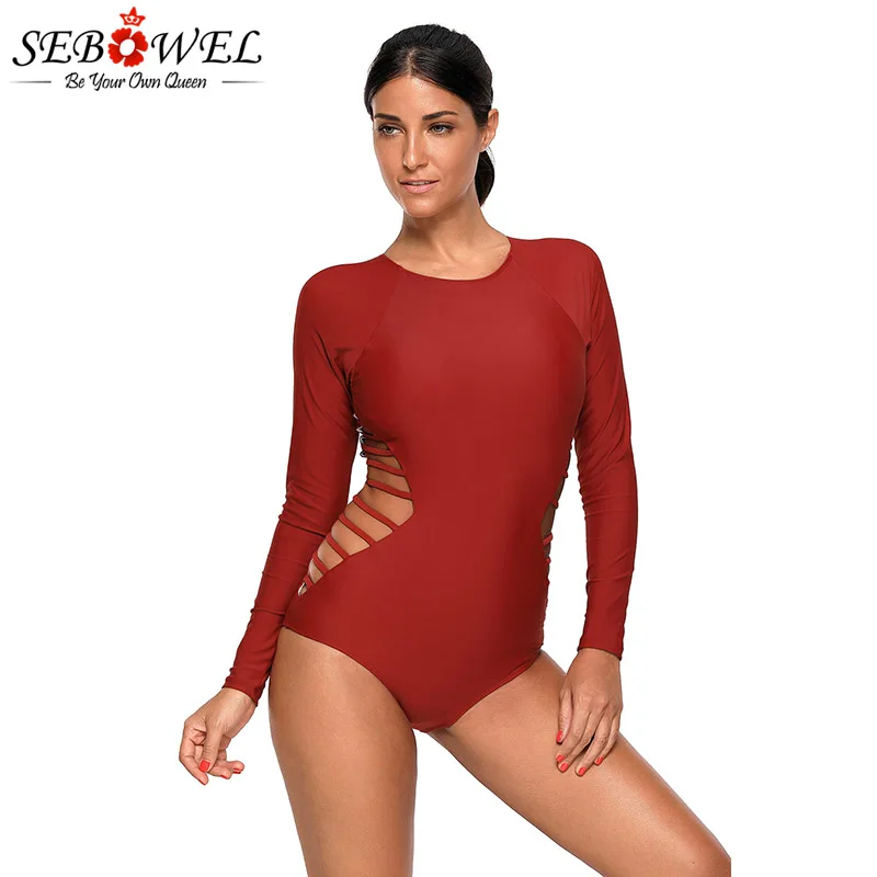 Red-Long-Sleeve-Strappy-Hollow-out-One-piece-Surf-Swimsuit-LC410476-3-4 