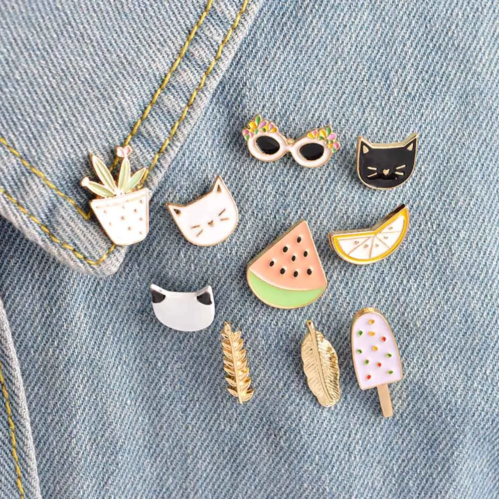 

Cartoon Watermelon Watermelon Leaves Cat Sunglasses Metal Brooches Women Clothes Badges Decoration Cute Brooch