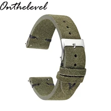 Onthelevel Genuine Leather Watch Band 18 20 22mm Dark Green with white black stitching Suede Leather Watch straps Quick release dark watch