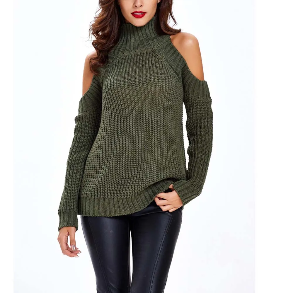 

Autumn Sexy Women Off Shoulder turtleneck Long Sleeve Knitted Casual Sweater Solid Slim Pullovers Sweater tops