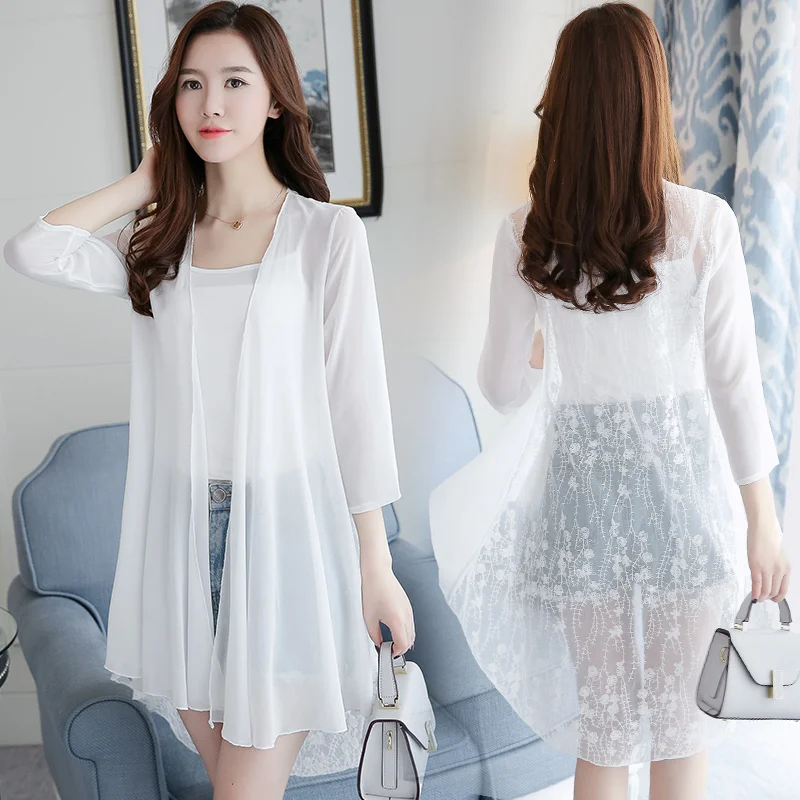 

2018 Summer 3/4 Sleeve V Neck Sheer Chiffon Shirts Women Lace Patchwork Chiffon Kimonos Women Solid White Chiffon Sunscreen Tops