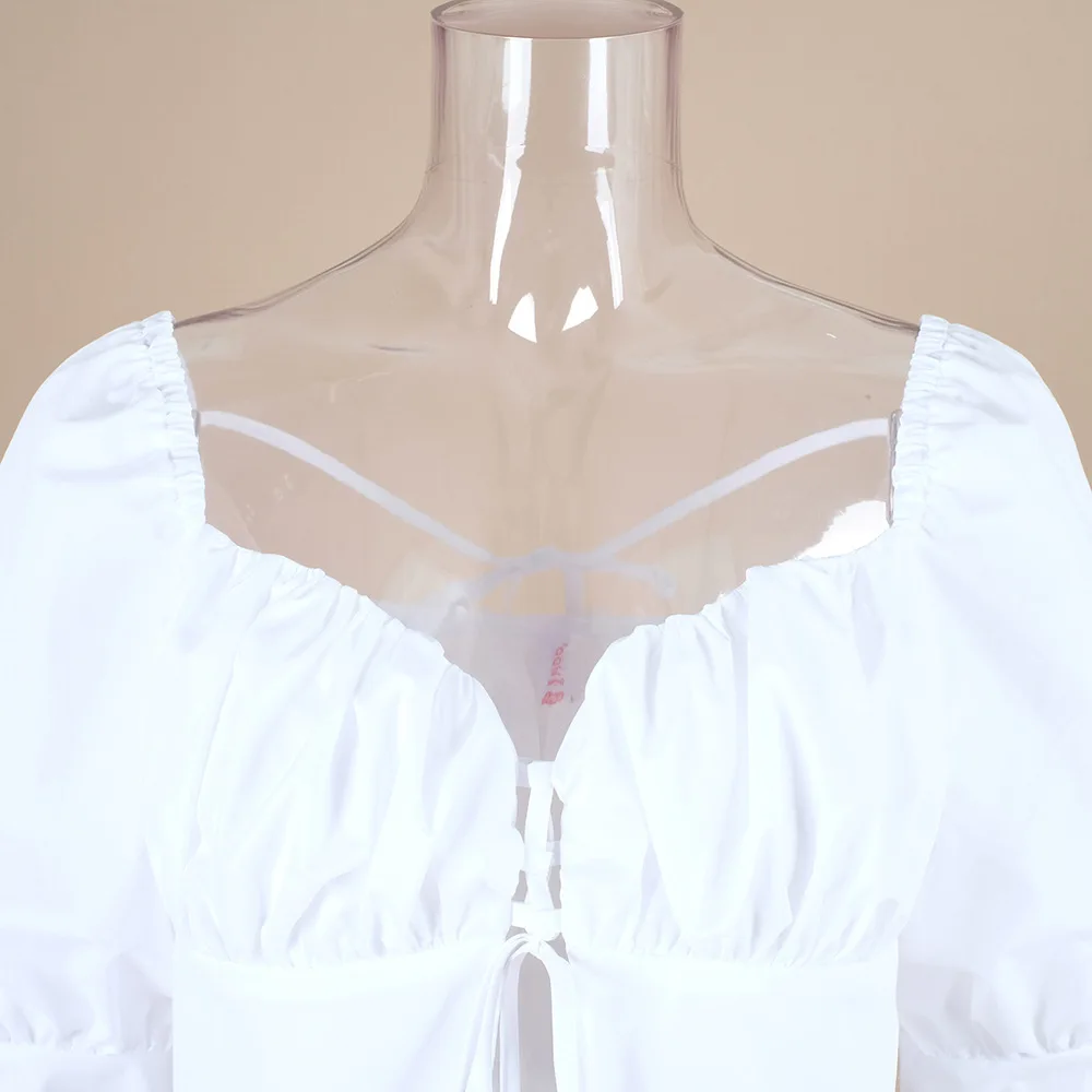 Сексуальный укороченный топ с рукавами-фонариками, женская блузка-туника на шнуровке, женская белая блузка с длинным рукавом, короткая сорочка с квадратным воротником