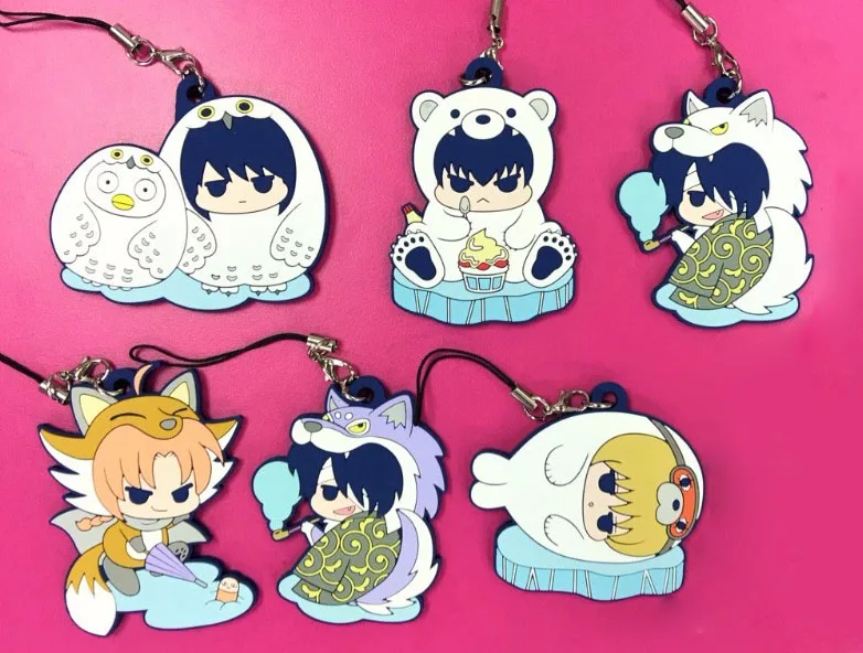 6 шт./лот аниме гинтама брелок Sakata Gintoki Toushirou Kagura Shimura Shinpachi Okita Sougo Резиновый