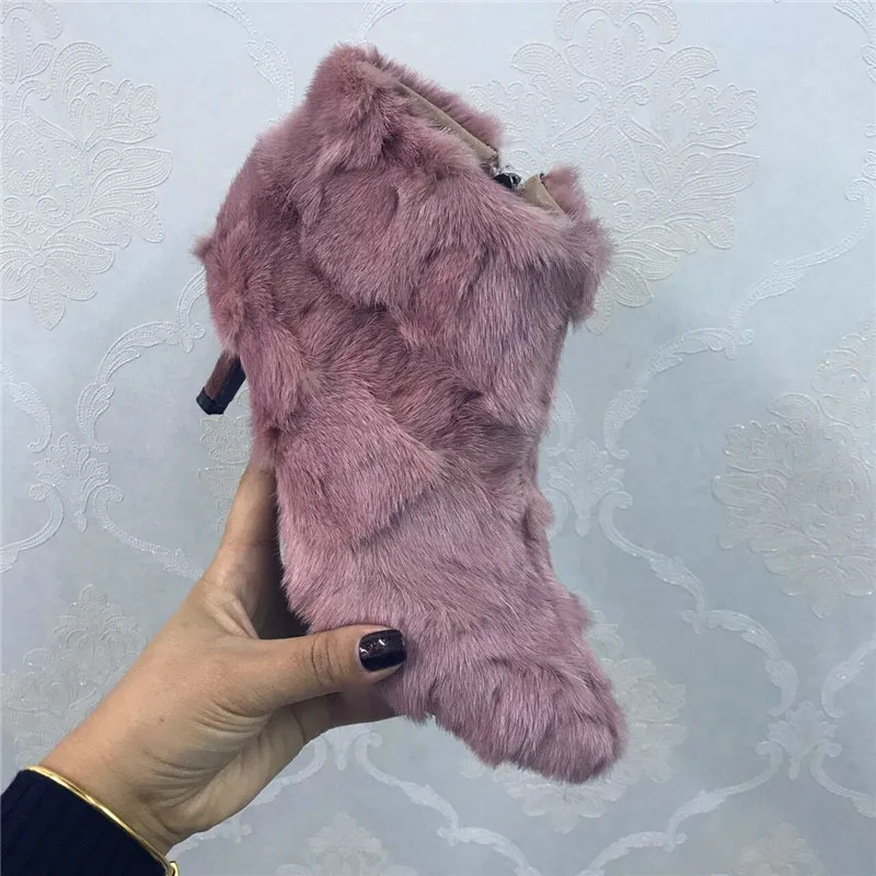 

pink boot European women Mink hair ankle boots women thin heels boots high quality women walkway fashion short boot zipper