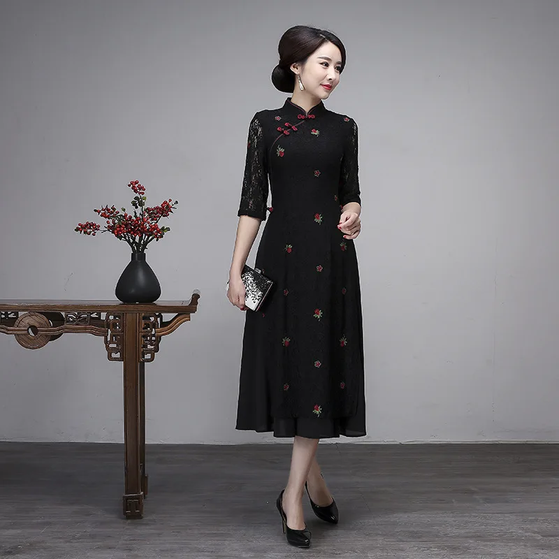 Черный цветочный негабаритный сексуальный Чонсам женский кружевной Qipao Новое китайское классическое платье с вышивкой вьетнамский аозай тонкий Vestidos M-3XL