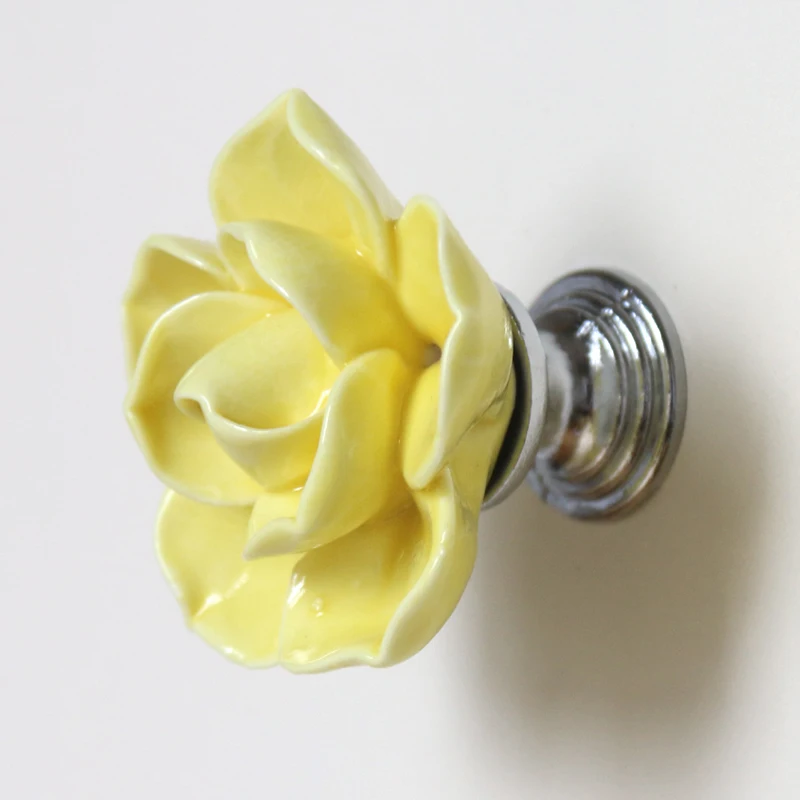 hand made Yellow flower ceramic knob with silver chrome base Porcelain