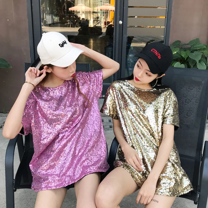 

Harajuku sequins T-Shirts O-Neck Beading Tees Loose short-sleeved sequined Shirts Stage Show Dance Performance Oversize Tops
