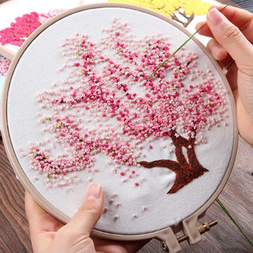 DIY Ribbon Tree Pattern Embroidery Cross Stitch Set Needlework Kits Sewing Decor