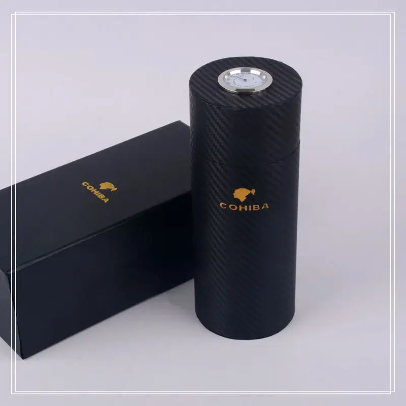 

COHIBA Cigar Case Carbon Fiber Cedar Wood Lined Tube Mini Travel Humidor Box Inside with Long Humidifier Hygrometer