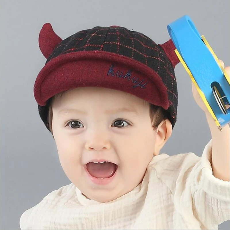 Plaid Kids Hats For Boy Cute Boy Girls Hat Warm Cotton Cap Infant