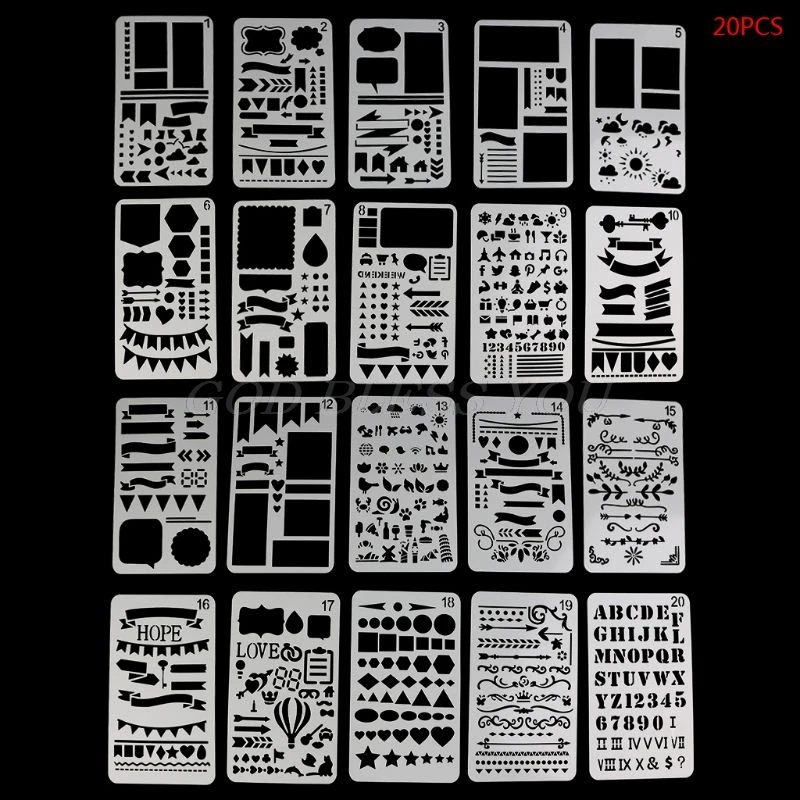

20PCS Bullet Journal Stencil Set Plastic Planner DIY Drawing Template Diary Decor Craft DIY Stencil School Supplies
