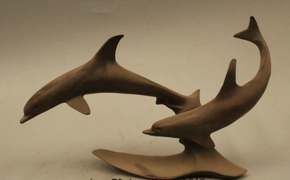 

Lovely Chinese Bronze Two Playing Dolphin Delphinids Sea Fish Jumping Statue