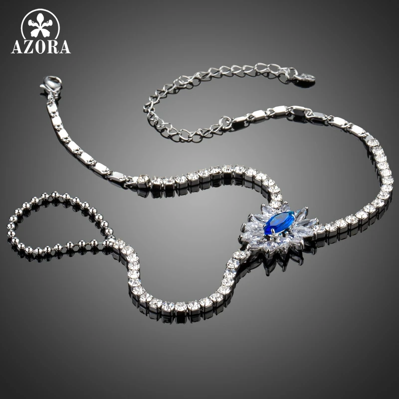 AZORA New Hand Blue Flower Bracelet Women Fashion Slave Bracelet Connect with Finger Palm Bracelet Chain Crystal Handlets TS0178