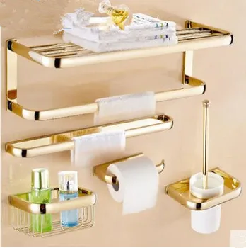 

Brass Bathroom Accessories Set, Gold Square Paper Holder,Towel Bar,Soap basket,Towel Rack,Glass Shelf bathroom Hardware set