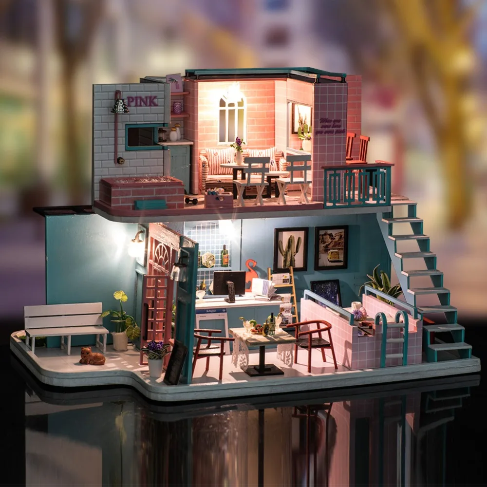 

iiE CREATE Dollhouse K034 Pink Cafe DIY Kit With Lights And Dust Cover