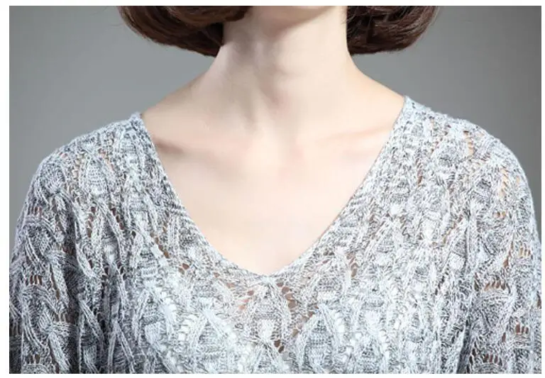 Женская мода полый длинный рукав высокий код свободный рукав летучая мышь вязаный свитер блузка 5 цветов
