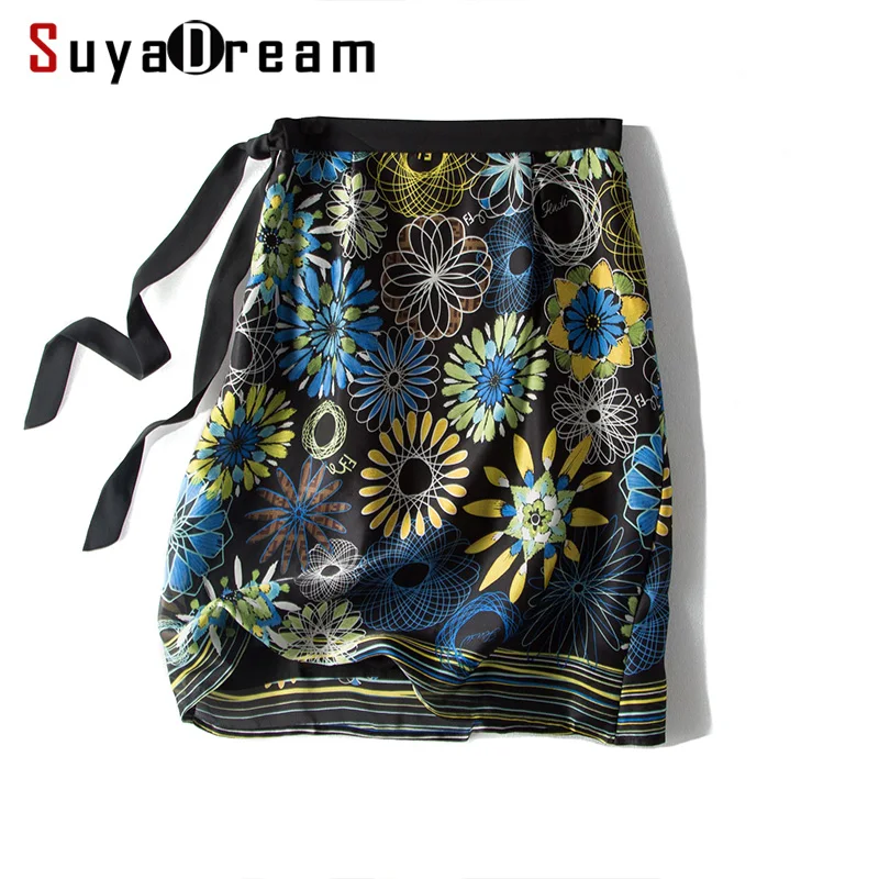 

Women Silk Skirt 100%Real Silk Crepe Printed Skirts High Waist Knee Length 2019 Spring Summer New Office Lady A-line Skirt