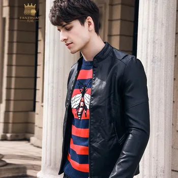 

FANZHUAN Free Shipping New 2018 fashion male Men's man long sleeved black personality slim Faux leather zipper jacket 820057