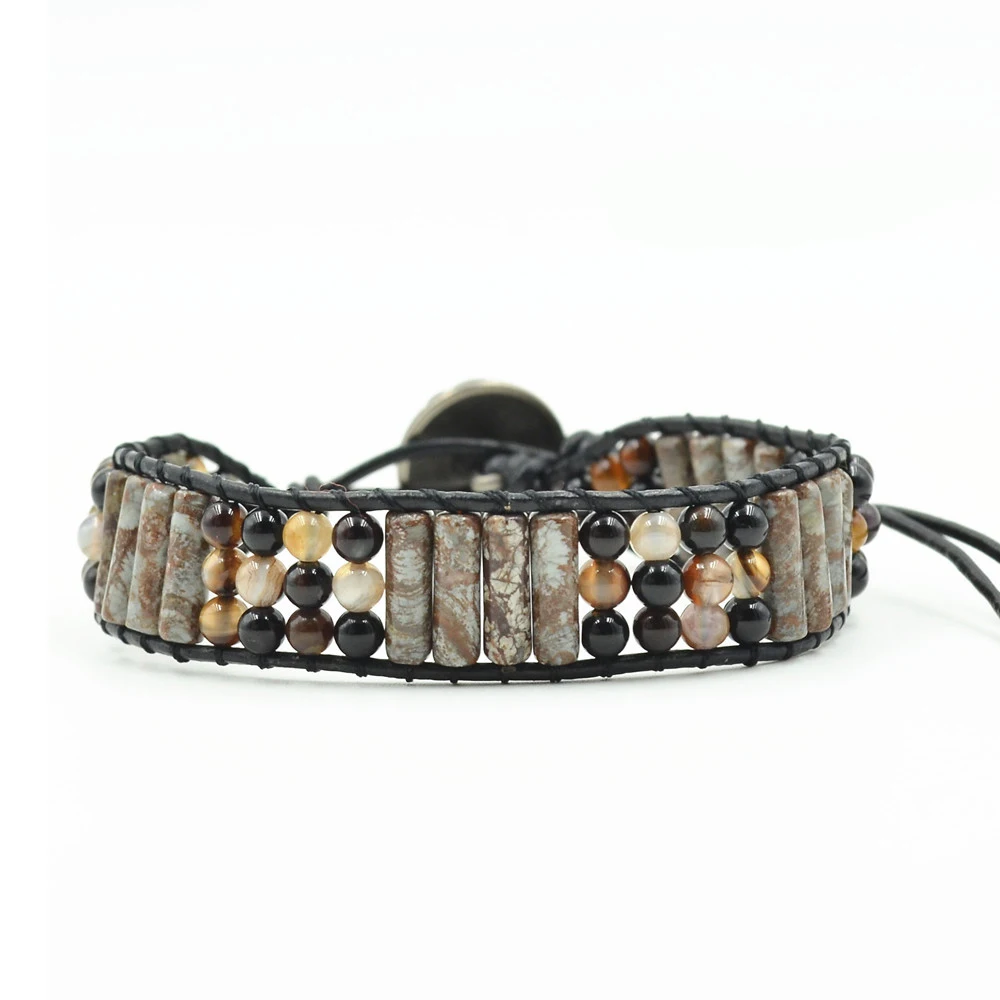 

DIY Handmade Men and Women Natural Stone Bead Wrap Around Wide Adjustable Tree of Life Snap Bracelet