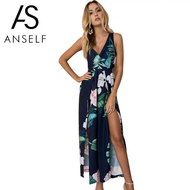 

2019 Summer Overalls for Women Jumpsuit Floral Print Deep V Neck Sleeveless High Waist Split Bandage Backless Wide Leg Rompers