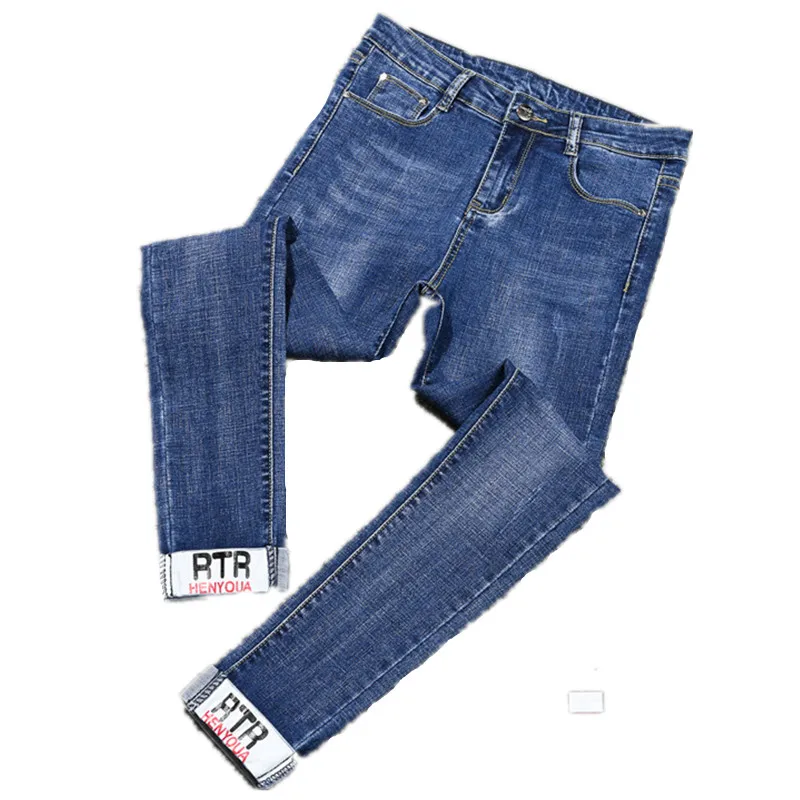 

Plus Size 5XL Women Cuffs Jeans Print Letter High Waist Casual Ankle Length Pants Blue Gray Denim Trousers Femme