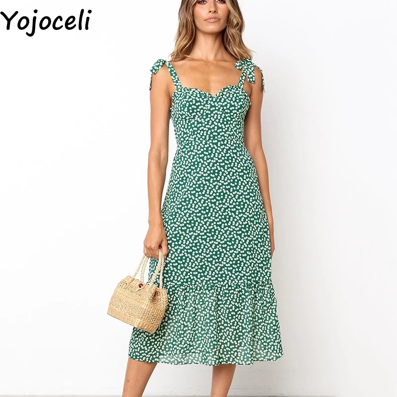 Yojoceli Sexy ruffle floral print long dress women Summer elegant strap chiffon sundress Bow beach casual dress vestidos